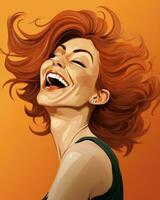 ein Illustration von ein Frau Lachen mit ihr Haar weht im das Wind generativ ai foto