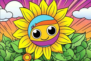 ein Bild von ein Karikatur Sonnenblume mit Augen und ein Lächeln generativ ai foto