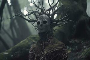 ein Bild von ein Mann im ein Wald mit Baum Geäst auf seine Kopf generativ ai foto