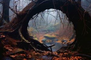 ein Bild von ein Baum im das Wald mit ein Loch im das Boden generativ ai foto