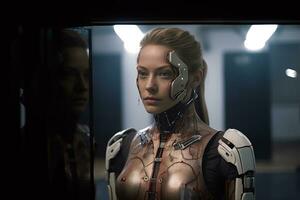 ein Bild von ein Frau im ein Roboter passen generativ ai foto