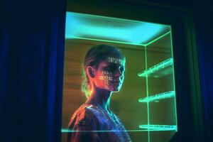 ein Bild von ein Frau im ein Zimmer mit Neon- Beleuchtung generativ ai foto