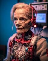 ein alt Frau mit Drähte befestigt zu ihr Körper generativ ai foto