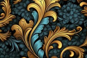 nahtlos Muster mit Gold und Blau Blumen auf ein schwarz Hintergrund generativ ai foto