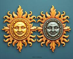 zwei Sonne Gesichter mit Gold und Silber Gesichter auf ein Blau Hintergrund generativ ai foto