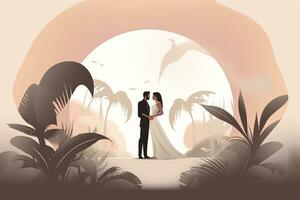 Hochzeit Paar im das Urwald mit Palme Bäume generativ ai foto