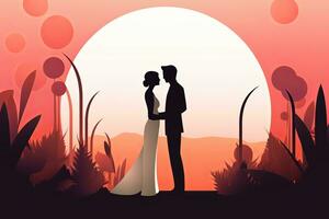 Hochzeit Paar Silhouetten im das Sonnenuntergang mit das Sonne im das Hintergrund generativ ai foto