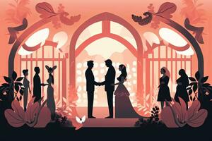 Hochzeit Zeremonie im das Garten von das Braut und Bräutigam Vektor Illustration generativ ai foto