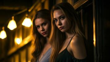 zwei jung Frauen Stehen im Vorderseite von ein Gebäude beim Nacht generativ ai foto