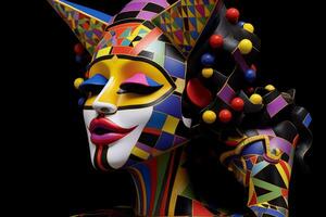 beschwingt Musterend multi farbig wunderlich Mensch Skulptur auf ein dunkel Hintergrund 3d machen generativ ai foto
