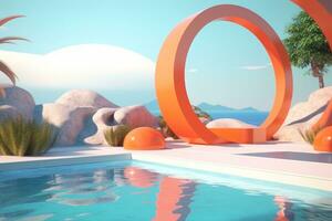 3d machen von ein futuristisch Sommer- Strandlandschaft generativ ai foto