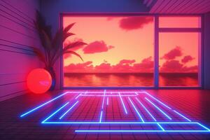 3d machen von ein Neon- Sommer- Landschaft Hintergrund generativ ai foto