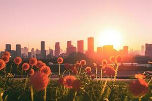 3d machen von ein Sommer- Sonnenuntergang Stadtbild generativ ai foto