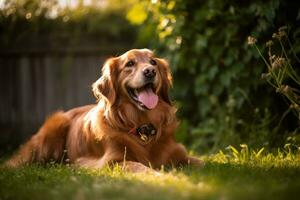 Porträt von ein groß glücklich Vorort- Hund draußen generativ ai foto