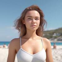 hyper realistisch 3d machen von ein attraktiv weiblich auf ein Sommer- Strand generativ ai foto
