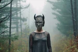 maskiert mysteriös Frau im ein Wald generativ ai foto