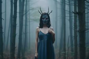 maskiert mysteriös Frau im ein Wald generativ ai foto