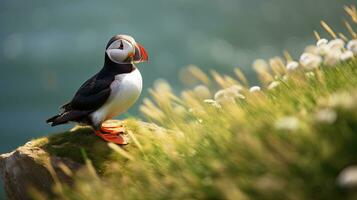 atlantisch Papageientaucher Vogel ruhen auf Gras, auf ein Cliff zusammen. heimaey Küste, Island. generativ ai foto