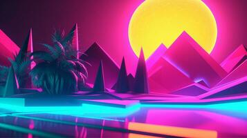 Neon- tropisch Synthwave Thema 3d abstrakt Hintergrund generativ ai foto