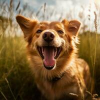 Porträt von ein glücklich draussen Sommer- Hund generativ ai foto