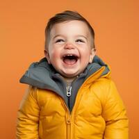 ein Baby im ein Gelb Jacke Lachen auf ein Orange Hintergrund generativ ai foto
