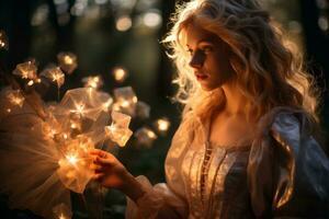 ein schön blond Frau halten ein Bündel von Fee Beleuchtung generativ ai foto