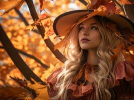 ein schön blond Frau im ein Hut mit Herbst Blätter generativ ai foto