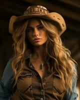 ein schön blond Frau tragen ein Cowboy Hut generativ ai foto
