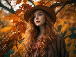 ein schön rot behaart Frau tragen ein Hut im Herbst Blätter generativ ai foto