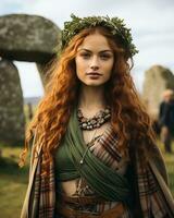 ein schön Rothaarige Frau im ein Tartan Kleid Stehen im Vorderseite von ein Stonehenge generativ ai foto