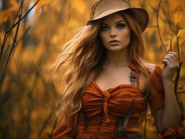 ein schön Rothaarige Frau im ein Orange Kleid und Hut generativ ai foto