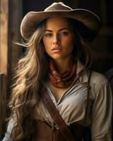 ein schön Frau im ein Cowboy Outfit generativ ai foto