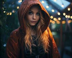 ein schön Frau im ein mit Kapuze Jacke Stehen im das Regen generativ ai foto
