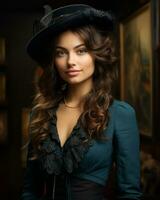 ein schön Frau im ein Hut posieren zum das Kamera generativ ai foto