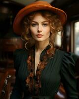 ein schön Frau im ein Orange Hut posieren im Vorderseite von ein Zug generativ ai foto