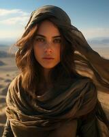 ein schön Frau im das Wüste tragen ein Schal generativ ai foto