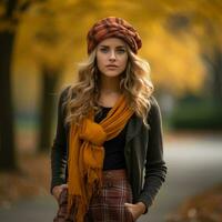 ein schön jung Frau im ein Plaid Rock und Schal generativ ai foto