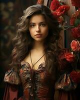 ein schön jung Frau im ein rot Kleid mit Blumen generativ ai foto