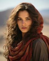 ein schön jung Frau im ein rot Schal Stehen im das Wüste generativ ai foto