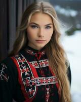 ein schön jung Frau im traditionell Kleidung generativ ai foto