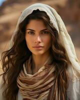 ein schön jung Frau im das Wüste tragen ein Kopftuch generativ ai foto