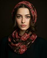 ein schön jung Frau tragen ein Blumen- Kopftuch generativ ai foto