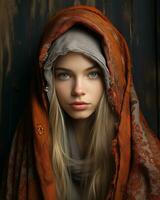 ein schön jung Frau mit lange blond Haar tragen ein Schal generativ ai foto