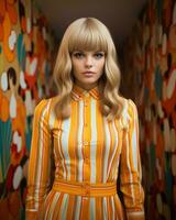 ein blond Frau im ein Orange und Weiß gestreift Kleid generativ ai foto