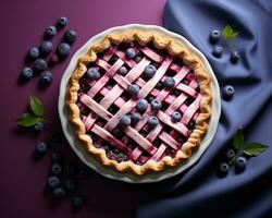 ein Blaubeere Kuchen mit Gitter auf ein lila Hintergrund generativ ai foto