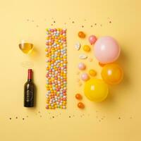 ein Flasche von Wein Luftballons und Konfetti auf ein Gelb Hintergrund generativ ai foto