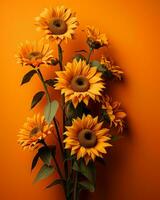 ein Strauß von Sonnenblumen auf ein Orange Hintergrund generativ ai foto