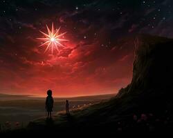 ein Junge und ein Mädchen aussehen beim ein Star im das Himmel generativ ai foto