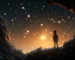 ein Junge Stehen im Vorderseite von ein Höhle mit Sterne über ihm generativ ai foto