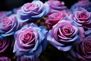 ein Bündel von lila und Blau Rosen generativ ai foto